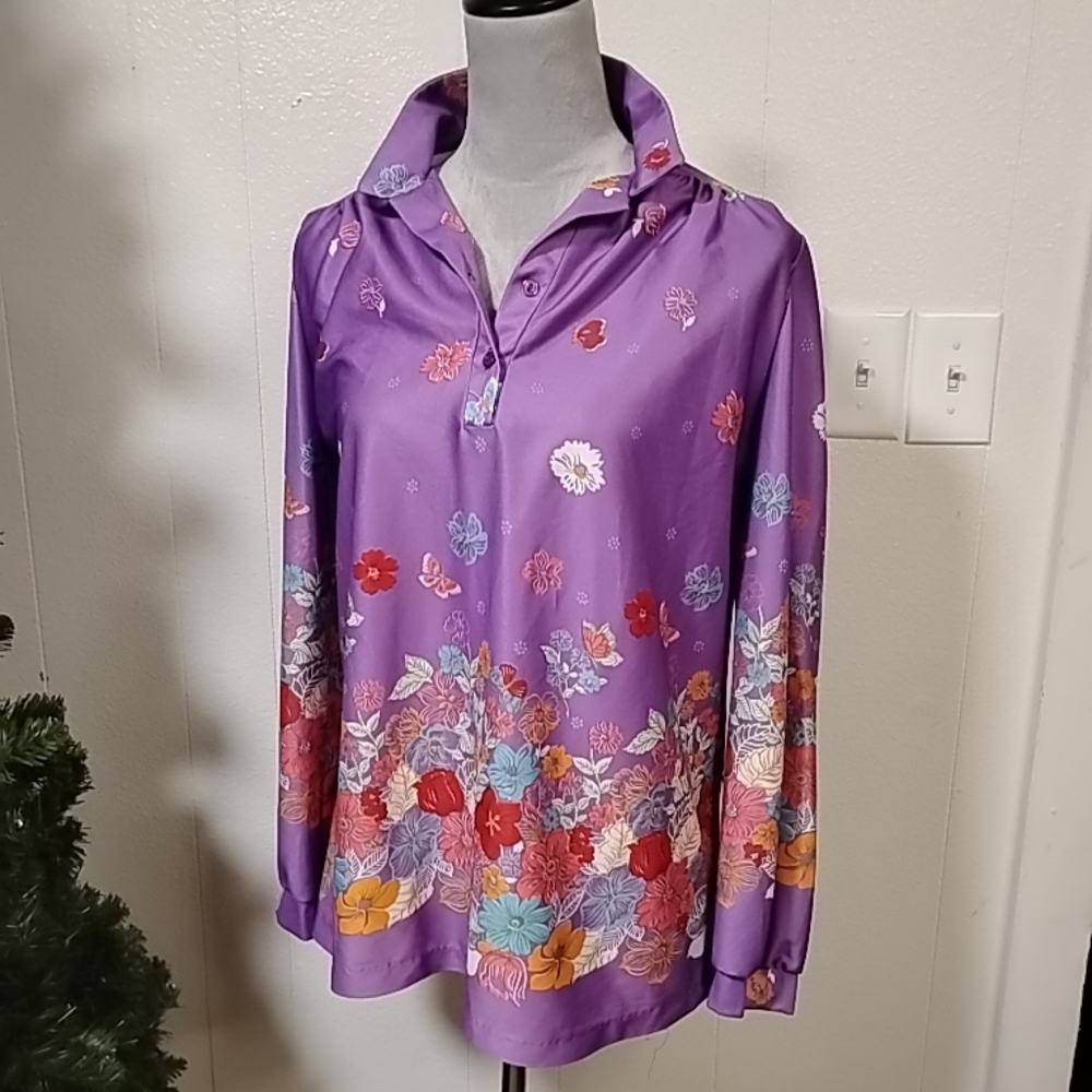 Vintage PennyLou California Purple Floral Large Long Sleeve Blouse Top...